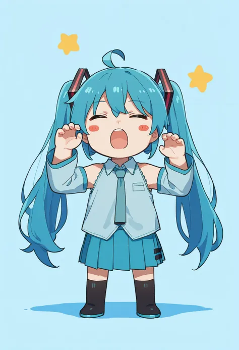 score_9,score_8_up,score_7_up, <lora:xinzoruo_style_pdxl_goofy:1>1girl, hatsune miku, ahoge, blue hair, blush stickers, chibi, closed eyes, collared shirt, detached sleeves, full body, hair ornament, long hair, long sleeves, open mouth, pleated skirt, shir...