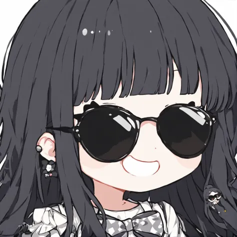 <lora:Chibi_simple:1> chibi, simple chibi, 1girl, solo, smile, bow, white background, long hair , black hair , Sunglasses , cool