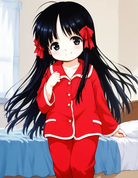 score_9, score_8_up, score_7_up, source_anime, rating_explicit, BREAK  <lora:Hoshino_Hina_XL:1> Hoshino_Hina, long hair, black hair, black eyes, hair ribbon, short stack,
red pajamas, long pants,
bedroom,
smile,
looking at viewer, 
cowboy_Shot,