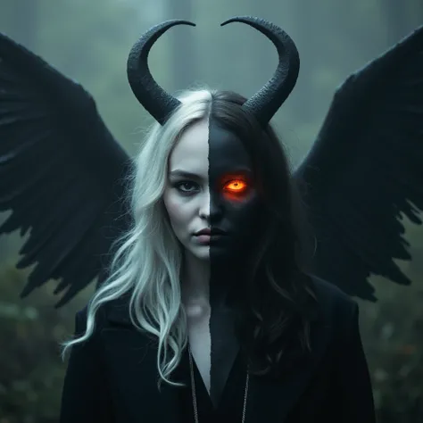 Misty Valley a close-up of a mysterious woman one half of her body and face is beautiful angelic appearance blue eyes white hair the other half of her body and face is demonic coal-black skin red eye and hair are burning with fire demonic horn on her back ...