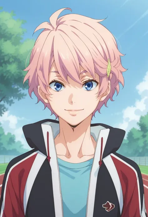 score_9, score_8_up, score_7_up, source_anime, highly detailed,  
akimitsu, 1boy, male focus, pink hair, solo, blue eyes, jacket, hair ornament, hairclip, looking at viewer, track jacket, blue shirt, track suit, smile
outdoor, sky, cloud, tree