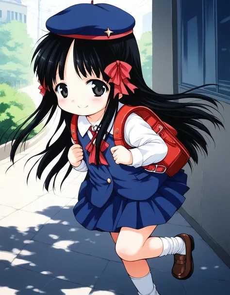 score_9, score_8_up, score_7_up, source_anime, rating_explicit, BREAK  <lora:Hoshino_Hina_XL:1> Hoshino_Hina, long hair, black hair, black eyes, hair ribbon, short stack,
bag, solo,  randoseru, backpack, blue school uniform, skirt, smile, socks, blush,  be...