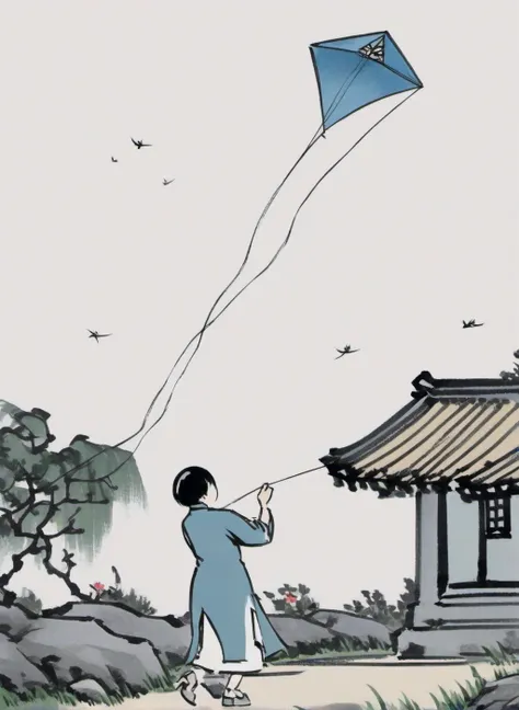 masterpiece,1girl, garden,flyling kite,stone, grey-blue cheongsam,Chinese modern comics,flying birds,Chinese modern comics style