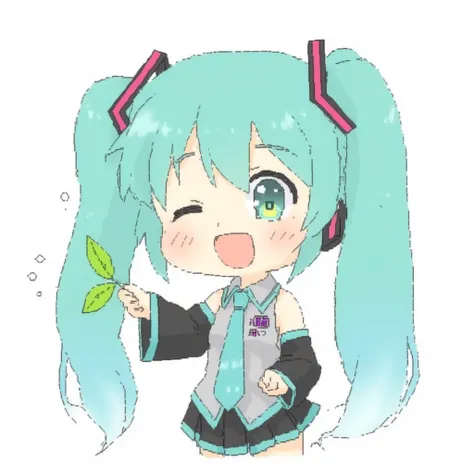 The image is a digital drawing in a chibi style, featuring a character from the anime and video game series "Hatsune Miku." Miku is depicted with exaggerated, cartoonish features. She has large, teal hair that is tied into two long ponytails with pink ribb...