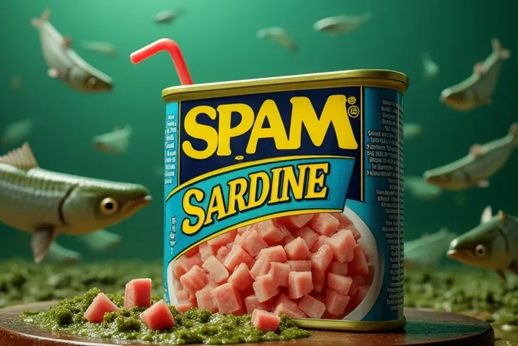 A can of SPAM, the label text says "SARDINE SMOOTHIE", featuring a smoothie glass with a straw, filled with pink ham chunks floating in a murky green fishy sludge, grinning sardines swim in a sea of meat in the background