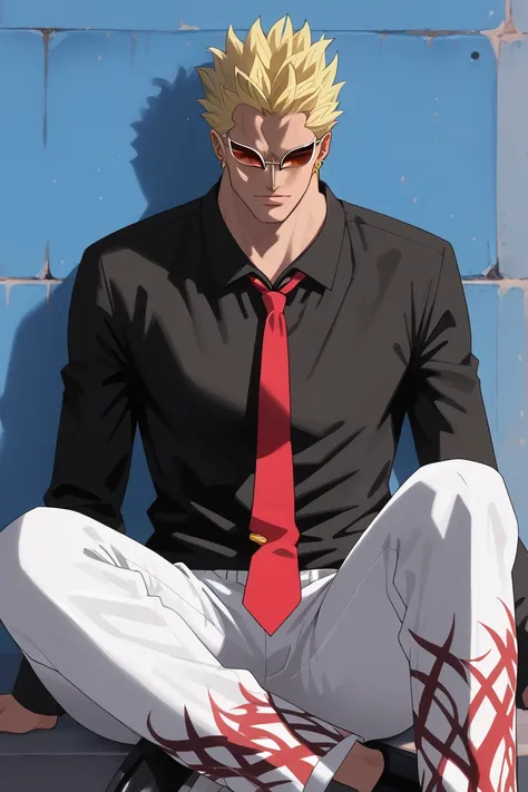 score_9, score_8_up, score_7_up, source_anime, rating_explicit, stylized magazine cover, 1stmale focus, sitting, DoffyOP, blonde_Doffy_spiked hair, red_Doffy_sunglasses, gold_Doffy_earrings, black_Doffy_collared shirt, red_Doffy_necktie, white_Doffy_pants,...