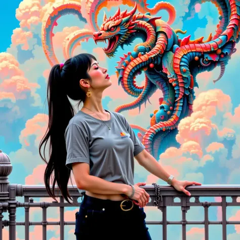 woman style, A woman in a gray shirt and black pants stands on a balcony, gazing upwards at a colorful, abstract painting of a dragon and other creatures. The painting, with its vibrant colors and abstract design, contrasts with the womans casual attire. T...