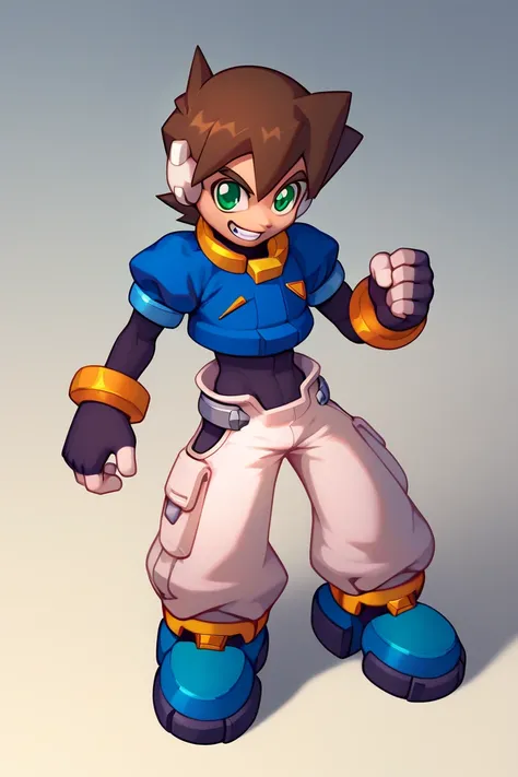 zPDXL2,vent (mega man),1boy,solo,male focus,blue footwear,bracelet,brown hair,green eyes,grin,long sleeves,open mouth,pants,bodysuit,bodysuit under clothes,cropped jacket,puffy short sleeves,puffy sleeves,robot ears,fingerless gloves,gloves,short hair,shor...