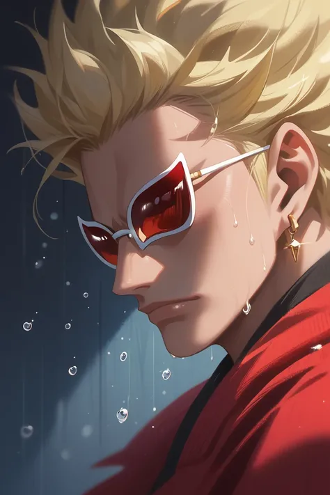 score_9, score_8_up, score_7_up, source_anime, rating_safe, waterdroplets blur, 1stmale focus, DoffyOP, blonde_Doffy_spiked hair, red_Doffy_sunglasses, gold_Doffy_earrings, 1stboy, intricately detailed portrait, sweatdrops