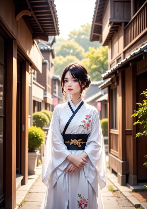 A young woman in a traditional white kimono with floral embroidery stands amidst a serene alleyway surrounded by wooden buildings and lush greenery
