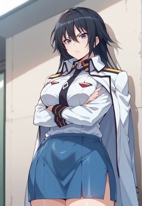 <lora:ReiriHida-10:1> reieihida, long hair, black hair, blue eyes, large breasts, ReiriSuit, school uniform, white shirt, jacket on shoulders, black necktie, military uniform, blue skirt, pencil skirt, military, white jacket, crossed arms, coat, 16k, maste...