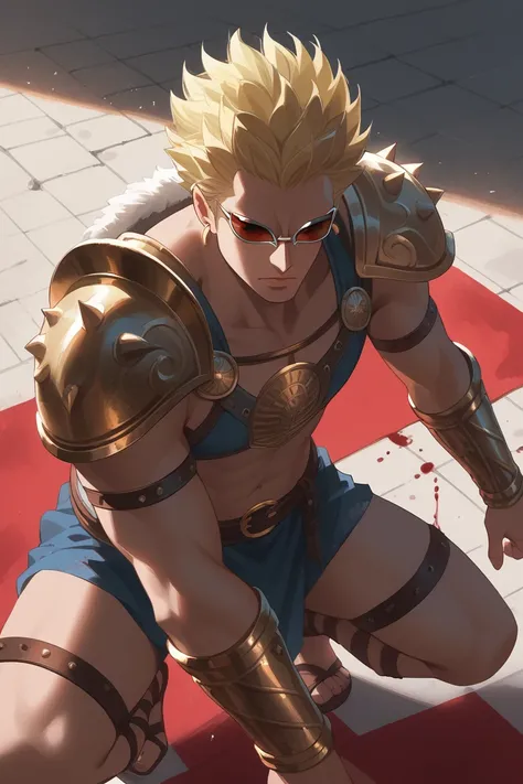 score_9, score_8_up, score_7_up, source_anime, rating_explicit, 1stmale focus, fighting stance, squatting, DoffyOP, blonde_Doffy_spiked hair, red_Doffy_opaque sunglasses, gold_Doffy_earrings, gladiator armor, looking down at viewer, hands with five fingers...