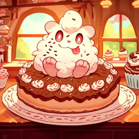 score_9, score_8_up, score_8, furry, Swirlix, Pokemon (creature), white/pink fur, fluffy body, cartoon style, 2d, solo, feral, sitting on giant cake, cupcakes in background, looking at viewer, smile, tongue out, inside, bakery, on counter