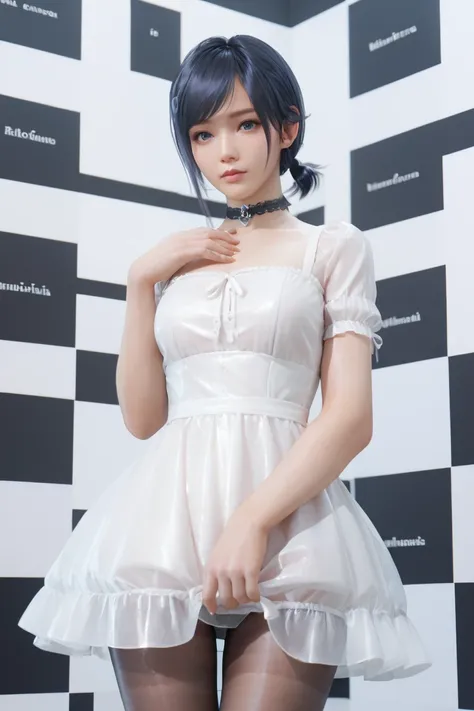 <lora:doa_reika:0.9> reika, white dress, choker, checkered background, pantyhose, see through, thighs, score_9, score_8_up, score_7_up, zPDXL3