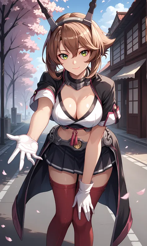 score_9, score_8_up, score_7_up, BREAK source_anime, 1girl, solo, outdoors, street, cherry blossoms, cowboy shot, standing, looking at viewer, shiny skin, mutsu, green eyes, brown hair, short hair, hair ornament, headgear, shrug (clothing), coat, cleavage,...