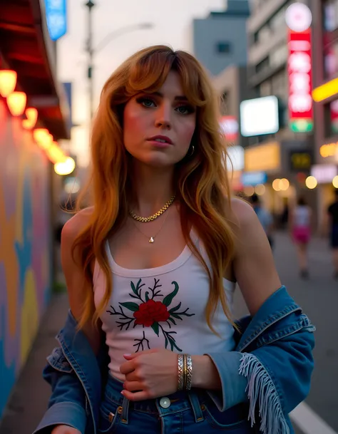 In a captivating, high-definition close-up shot, SYDN3YQ, a striking blonde woman with long, cascading waves, is posed against the vibrant backdrop of a bustling Tokyo street at sunset. She stands confidently, leaning against a graffiti-covered wall adorne...