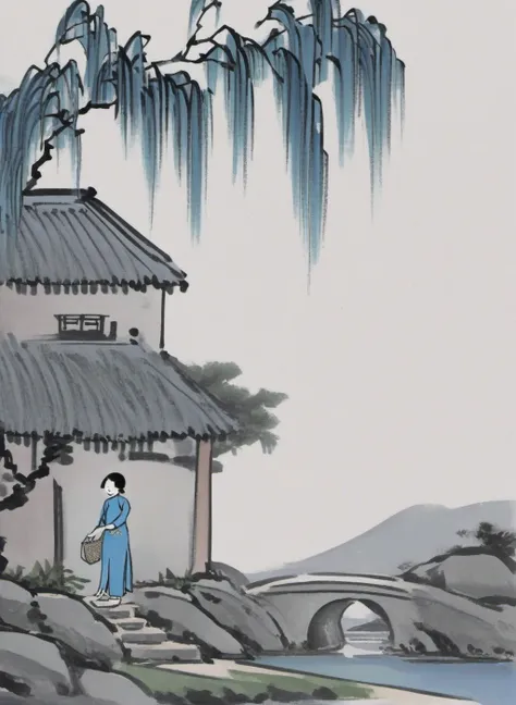 masterpiece,1girl, garden,willowtree,stone, grey-blue cheongsam,Chinese modern comics,Chinese modern comics style