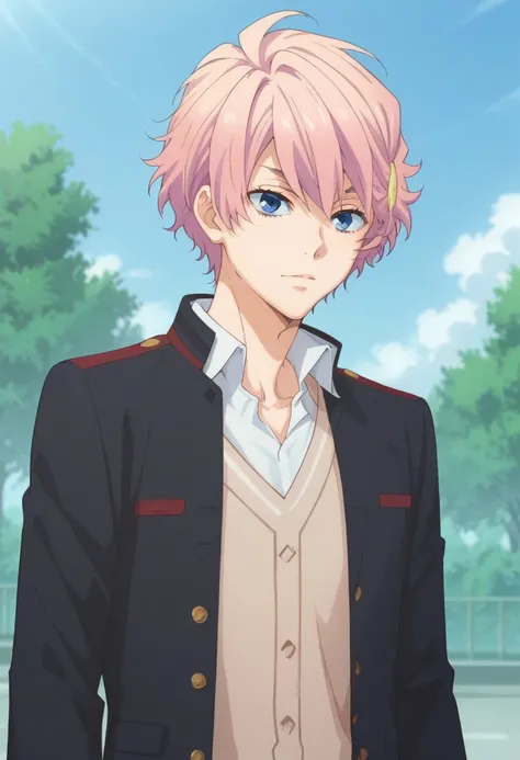 score_9, score_8_up, score_7_up, source_anime, highly detailed,  
akimitsu, 1boy, male focus, pink hair, solo, blue eyes, hair ornament, school uniform, jacket, open jacket, open clothes, shirt, collared shirt, cardigan,
outdoor, sky, cloud, tree