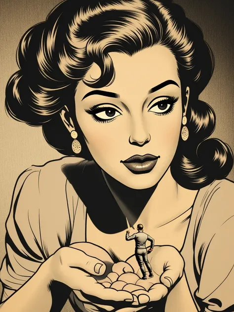 A woman is in her bedroom. She is holding a shrunken man in the palm of her hand. She is looking at the shrunken man. Style it like a 50s newspaper comic in sepia