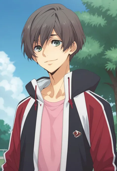 score_9, score_8_up, score_7_up, source_anime, highly detailed,  
tomoyuki, 1boy, male focus, solo, smile, jacket, grey eyes, track jacket, grey hair, hair between eyes, freckles, pink shirt, upper body,
outdoor, sky, cloud, tree