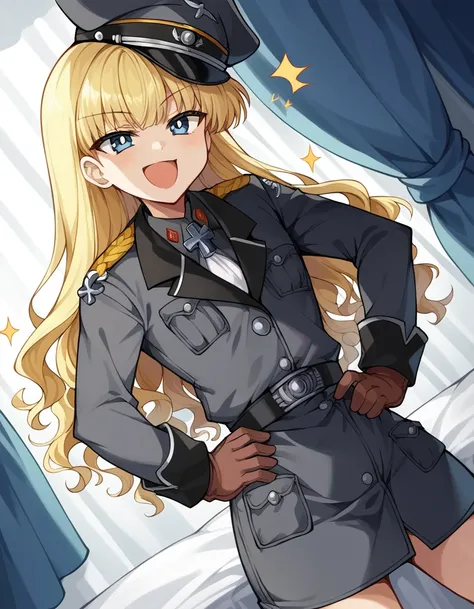 score_9, score_8_up, score_7_up, source_anime, <lora:retia-adolf-ponyxl-lora-nochekaiser:1>, retia adolf, blue eyes, blonde hair, wavy hair, bangs,, gloves, hat, military uniform, peaked cap, zettai ryouiki,, bedroom, alarm clock, morning routine, yawning,...