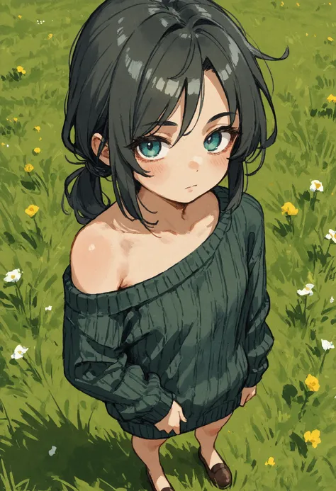 score_9, score_8_up, score_7_up, 1girl, from above, sweater dress, single bare shoulder,grass, standing, low ponytail, looking at viewer, <lora:deal360acv xl 004:.5> watercolor