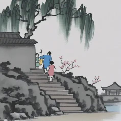 1man back to the viewer, plant, water, stairs, food, lightyellow lantern, from behind, cheongsam(early days of Republic Chinas clothes), tree, pinetree, 1girl, 4people playing instrument, cheongsam(Chinese dress), willowtree(branch of detail)