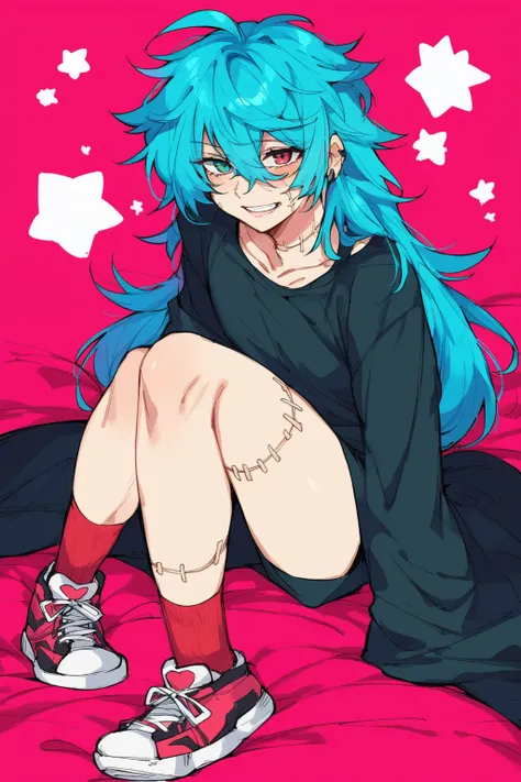 score_9, score_8_up, score_7_up, score_6_up, score_5_up, score_4_up, masterpiece, high quality, BREAK, full body, 1boy. BREAK,  <lora:Mahito_JJK:0.9> Mahito_JJk, blue hair, stitches, grey skin, long hair, hair between eyes, pale skin, heterochromia, black ...