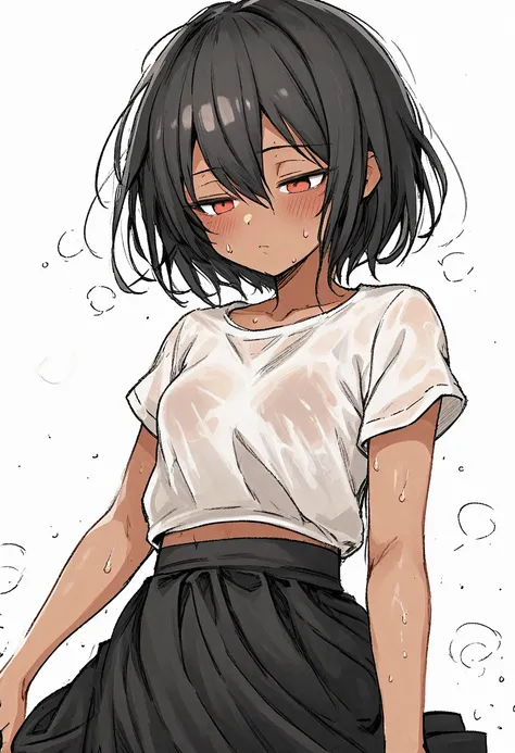 (watercolor:1.4), 1girl, red eyes, sweat, blush, cowboy shot, black hair, black skirt, hair between eyes, short hair, half-closed eyes, dark skin, dark-skinned female, white background, tan, simple background<lora:deal360acv xl 015:1>