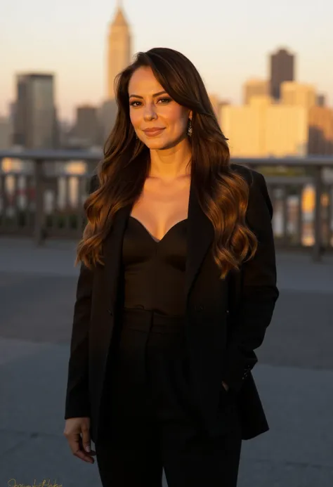 "Paolla stands confidently in a chic black blazer and high-waisted pants, her long, layered light brown hair cascading over her shoulders. Her brown eyes sparkle under the golden hour light, with a city skyline glowing behind her. The contrast between her ...