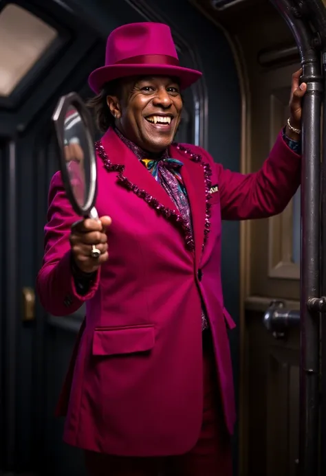 thecat (Red Dwarf) hes stood in a dirty old dark spaceship holding a hand mirror and grinning wearing a bright pink zoot suit and matching fedora