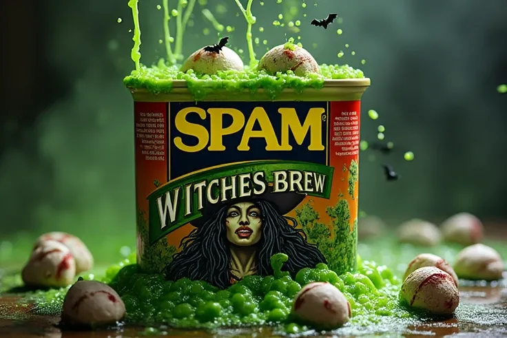 A can of SPAM, the label text says "WITCHES BREW" featureing a witch and a black couldren with green slime, chunks of spam eyeballs and toenails in a toxic sludge, bats flying out of the top.