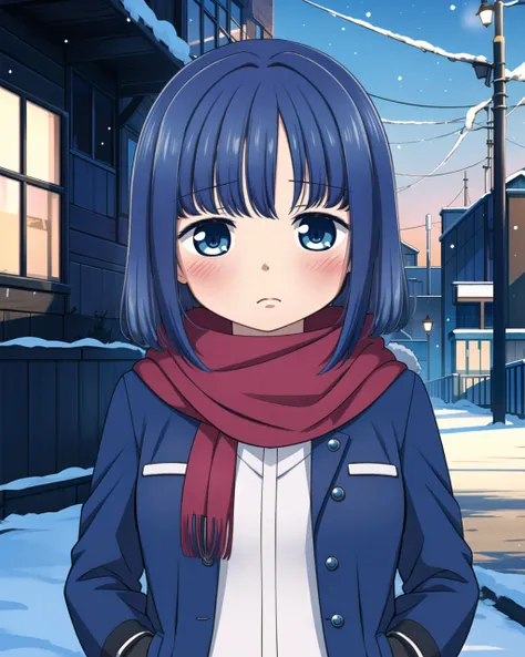 masterpiece, high quality, mgrcyoungeryachiyo, 1girl, upper body, medium shot, blue hair, blue eyes, winter coat, scarf, outdoors, city, street, winter, snow, hands in pockets, blush, <lora:mgrcyoungeryachiyo:0.8>