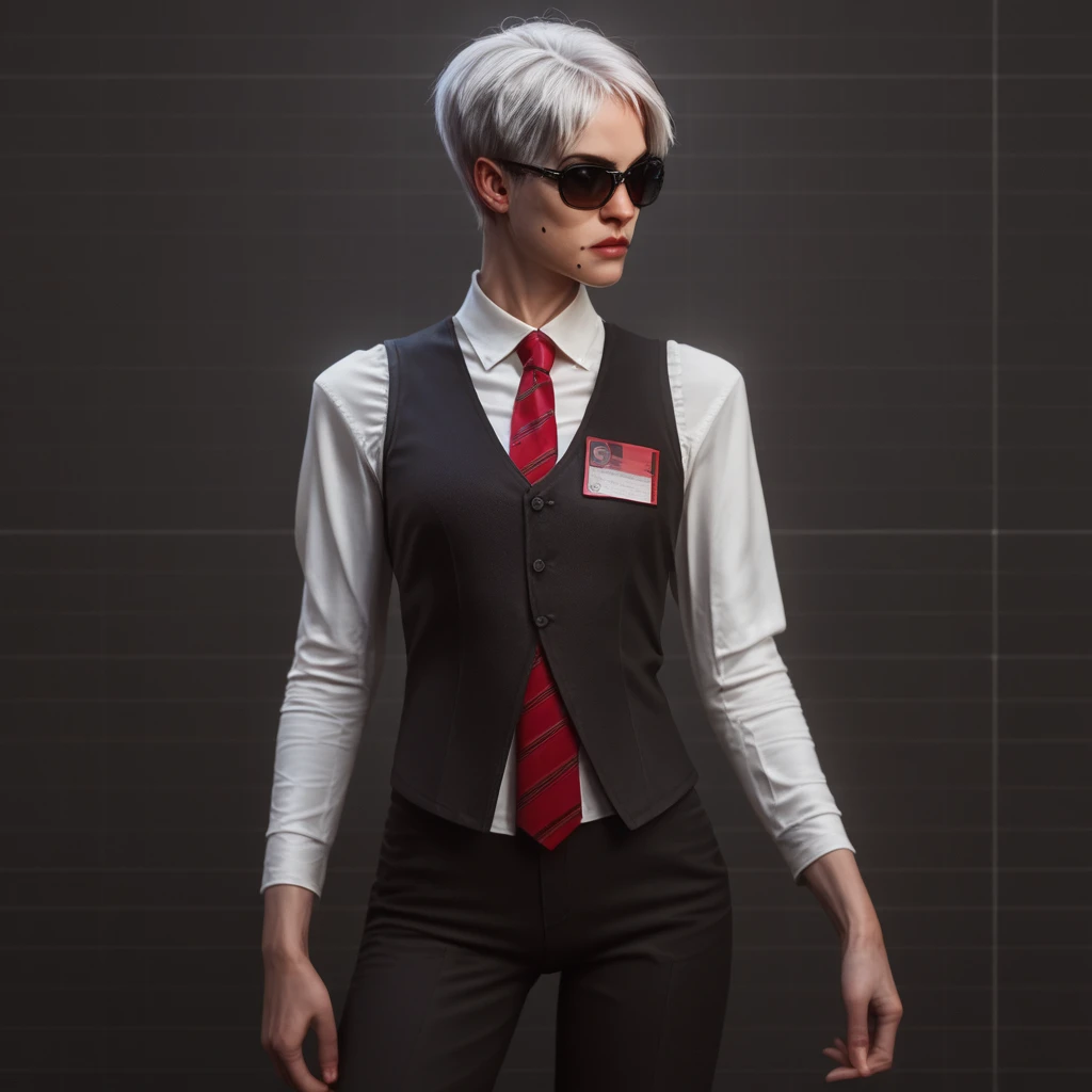 Score_9_up, score_8_up, score_7_up, source_realistic, cowboy shot, BREAK 1girl, solo, strangelove, short hair, white hair, sunglasses, mole, white shirt, long sleeves, black waistcoat, red tie, black pants,