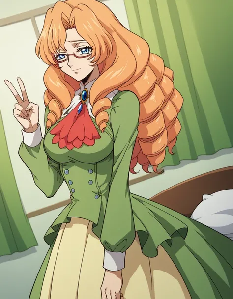 score_9, score_8_up, score_7_up, source_anime, <lora:natalia-luxembourg-s1-ponyxl-lora-nochekaiser_r1:1>, natalia luxembourg, long hair, blue eyes, glasses, orange hair, drill hair, large breasts,, skirt, long sleeves, dress, jewelry, ascot, green dress, l...