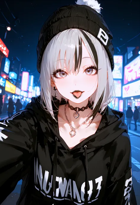 score_9, score_8_up, score_7_up, best quality, source_anime BREAK, (fisheye:1.2), selfie, 1girl, moody nighttime atmosphere, v, tongue out, oversized hoodie, beanie, piercing, oversized clothes, dark eyeshadow, eyeliner, dark lipstick, streaked hair, choke...