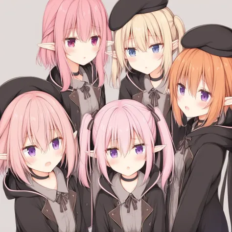 h0r0suke, st. theresas girls academy uniform, multiple girls, pink hair, pointy ears, uniform, elf, blonde hair, 3girls, bangs, purple eyes, twintails, hooded coat, blush, short hair, black coat, coat, beret, hat, simple background, hood, hair between eyes...