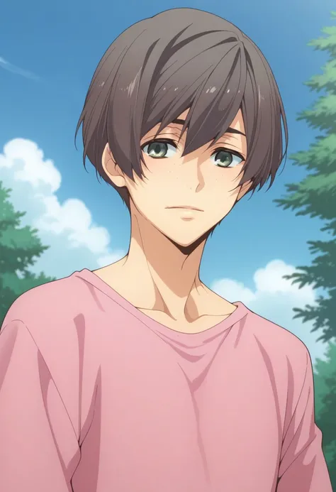 score_9, score_8_up, score_7_up, source_anime, highly detailed,  
tomoyuki, 1boy, male focus, solo, grey hair, hair between eyes, freckles, pink shirt, upper body,
outdoor, sky, cloud, tree