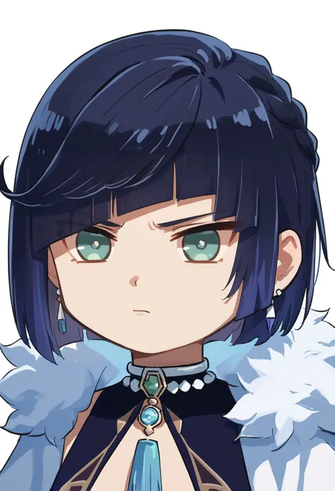 score_9,score_8_up,score_7_up, <lora:xinzoruo_style_pdxl_goofy:1>yelan (genshin impact), 1girl, black hair, bob cut, chibi, diagonal bangs, fur trim, gem, portrait, short hair, solo, unamused, white background