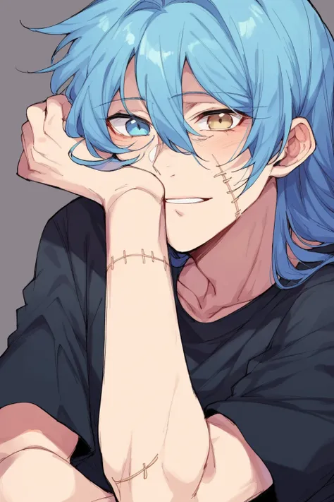 score_9, score_8_up, score_7_up, score_6_up, score_5_up, score_4_up, masterpiece, high quality, BREAK, full body, 1boy. BREAK,  <lora:Mahito_JJK:0.9> Mahito_JJk, blue hair, stitches, grey skin, long hair, hair between eyes, pale skin, heterochromia, black ...