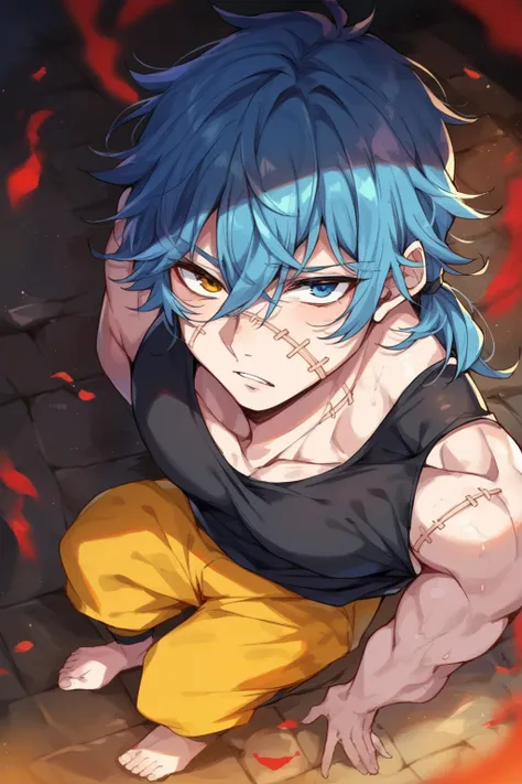 score_9, score_8_up, score_7_up, score_6_up, score_5_up, score_4_up, masterpiece, high quality, BREAK, full body, 1boy. BREAK,  <lora:Mahito_JJK:0.9> Mahito_JJk, blue hair, stitches, grey skin, long hair, hair between eyes, pale skin, heterochromia, black ...