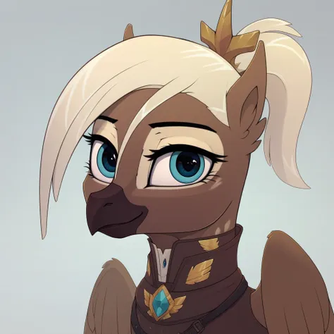 masterpiece, score_9_up, score_8_up, score_7_up, score_6_up, (best quality:1.1), ultra-detailed, high resolution, solo, vivienne discret, griffon, griffon oc, mlp, avian, feral, female, eyebrows,  blue eyes, beak, light blonde hair, ponytail, brown feather...