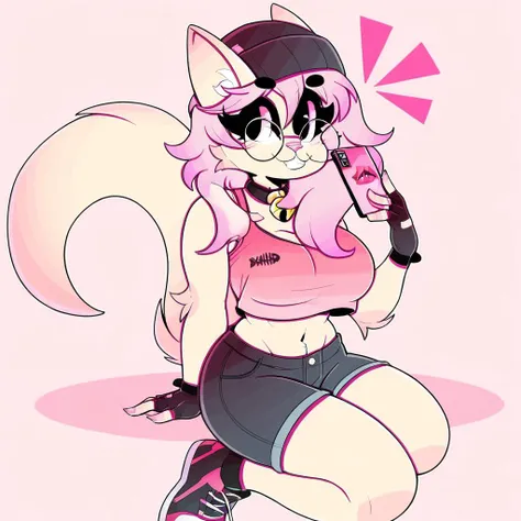 score_9_up, score_8_up, score_7_up, score_6_up, furry female, mona, bell collar, female, furry, cat, pink eyes, round glasses, hat, pink hair, white fur, tail, headwear, large breasts, holding phone, smartphone, looking at viewer, smile, midriff, crop top,...