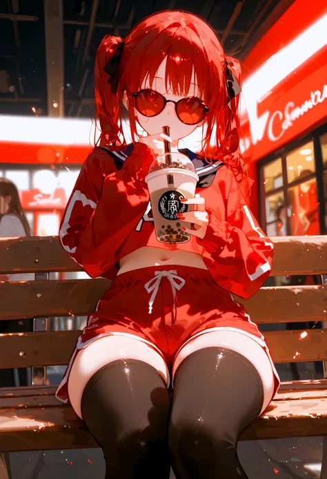 score_9, score_8_up, score_7_up, best quality, source_anime BREAK, 1girl, red hair, twintails, serafuku, holding bubble tea, black and red theme, crop top, short shorts, long sleeves, thighhighs, red sunglasses, sitting on bench, from below, BREAK depth of...