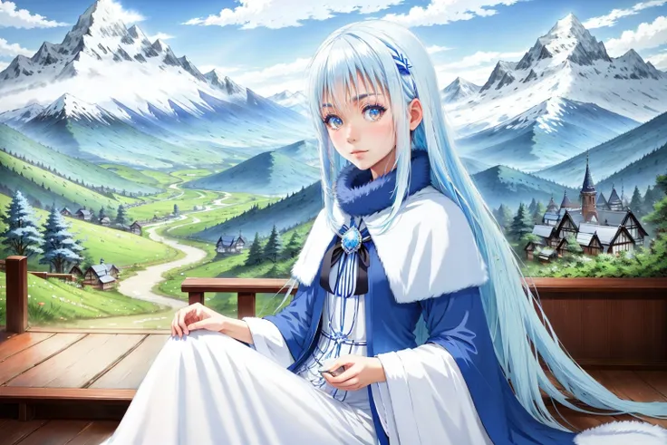 closed mouth, fur trim, long hair, looking at viewer, mountain, outdoors, shiroika, sky, solo, white dress, white-blue clothes, white-blue hair, yellow-blue eyes, The best quality, a masterpiece  <lora:Shiroika_V1:0.91>