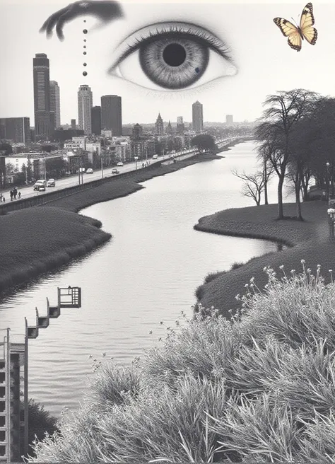 bwflm style, A surreal collage photography image for a class project, where everyday objects and environments are juxtaposed in a fantastical, dreamlike way. In the foreground, a giant eye hovers in the sky, watching over a cityscape that is split in halfâ...