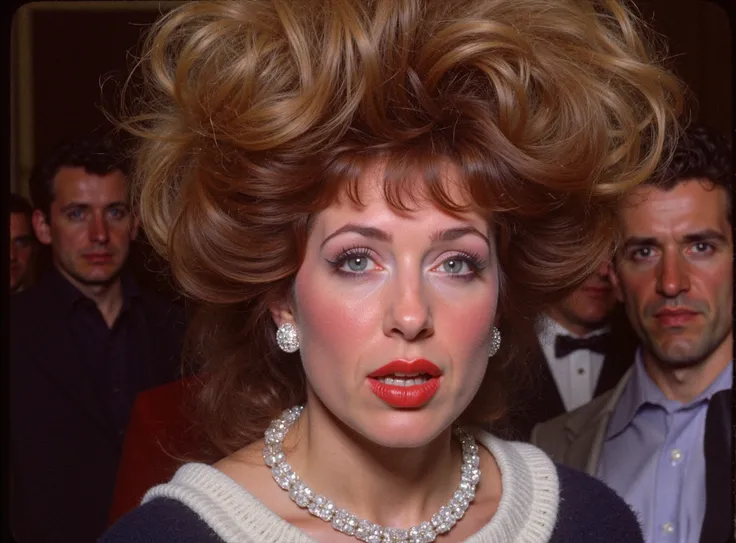 3ighti3s, 1986 vintage film, closeup of an actress woman with comically big hair, interview on the red carpet, using a 35mm sharp lens, scene in the 1980s interior. rule of thirds, professionally shot photography. 