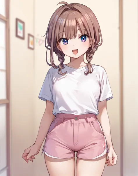 score_9,score_8_up,score_7_up,meimei001,1girl,,meimei001,1girl,brown hair,shorts,white shirt,shirt,pink shorts,standing,twin braids,open mouth,<lora:meimei001_pony:0.8>