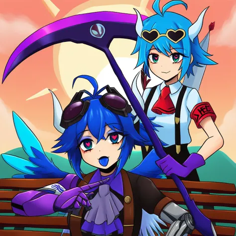 blue hair, feathered wings, ascot, armband, single mechanical arm, antenna hair, blue tongue, eyewear on head, wing hair ornament, sun, heart in eye, master sword, purple gloves, bench, ;), cowboy western, holding scythe, arrow (projectile), suspenders, ho...