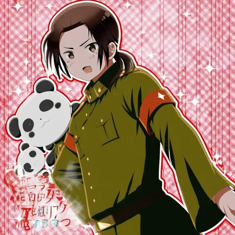 panda, brown eyes, military uniform, military, Dark Brown hair, Panda plushie, solo, 1boy, long hair, ponytail, Male